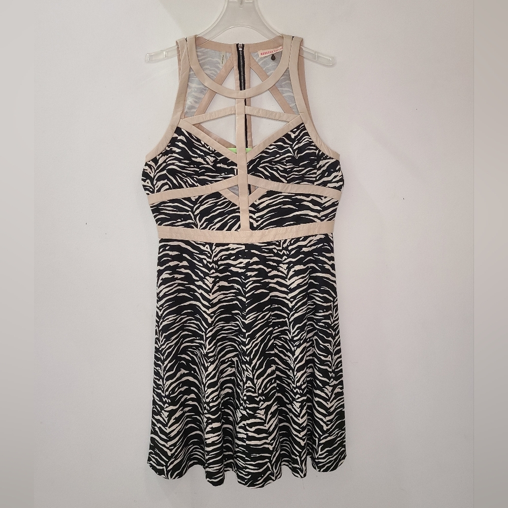 REBECCA TAYLOR Leather Trim Cage Dress Black/Cream Silk Tiger Print Sz 8 - Picture 5 of 13